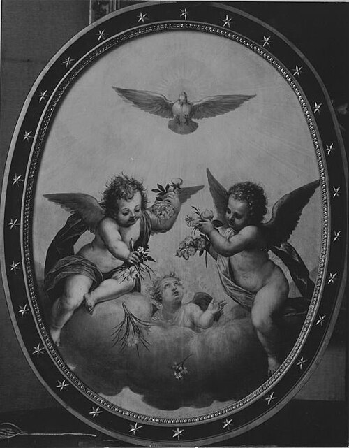 Die Taube des Heiligen Geistes mit blumenstreuenden Engeln (und Werkstatt), 1623, Pieter de Witte