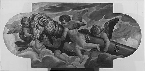 Zwei Engel mit Waffen und Mauerbrechern, 1614, Peter Candid
