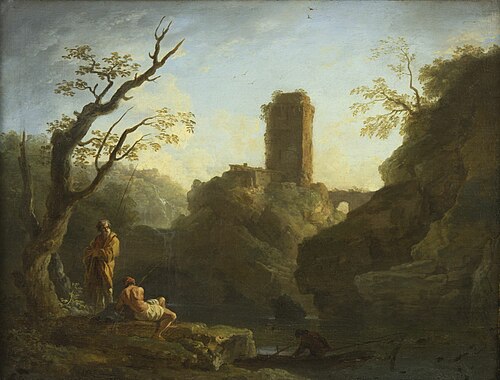 Un paysage avec un arbre et deux hommes, une tour en arrière-plan, 1750, Joseph Vernet