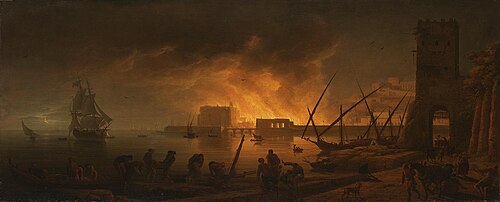 Fire in a marine harbor by night, 1748, Joseph Vernet