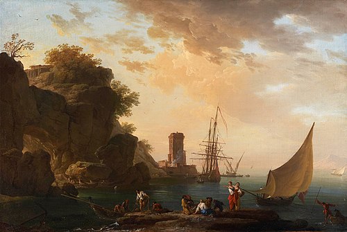 Un îlot près de Naples avec un château et des pêcheurs, , Joseph Vernet