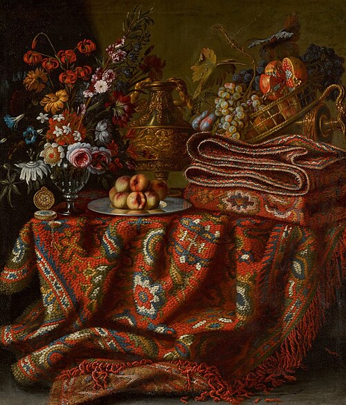 A Still Life with Pomegranates, Grapes, Peaches, a Vase of Flowers and Assorted Orfevrerie, , Jacques Hupin