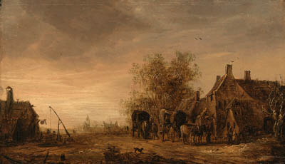 A view of the village of Renkum, with travellers in wagons resting on the roadside by an inn, 1651, Jan van Goyen