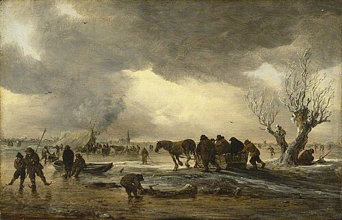 Winter Scene with a Sledge in the Foreground and Figures Gathering Round a Tent on the Ice, 1653, Jan van Goyen