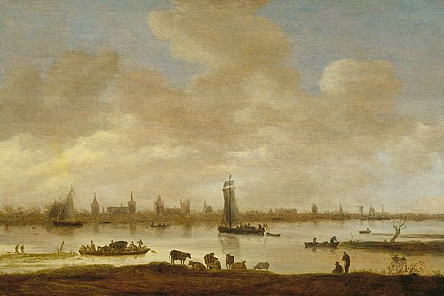 View of an imaginary town across a river with the Vianen tower of Saint Pol, 1649, Jan van Goyen