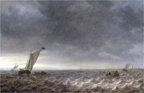 Zeil- en roeiboten in een riviermonding, 1640, Jan van Goyen