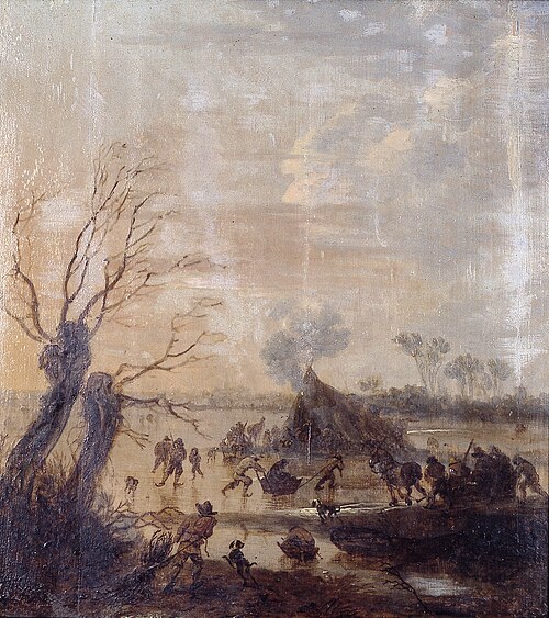 Bevroren meer met grote tent en schaatsers, 1645, Jan van Goyen