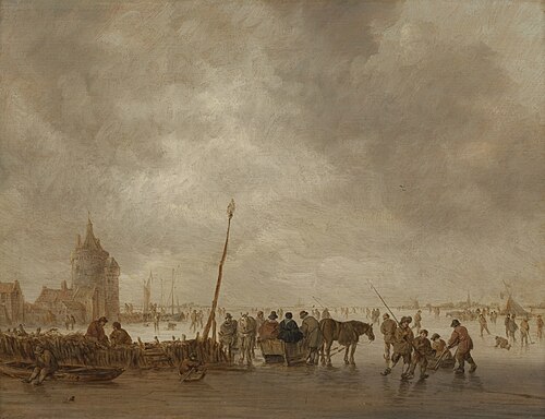 Bevroren rivier met schaatsers, 1642, Jan van Goyen