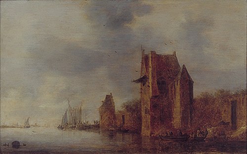 Een stadsmuur met twee torens aan een rivier, 1636, Jan van Goyen