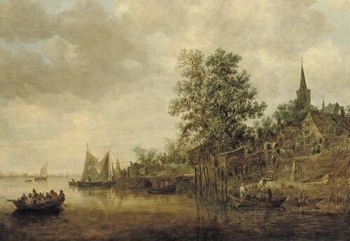 A wooded landscape with shipping on a river, a village nearby, 1643, Jan van Goyen