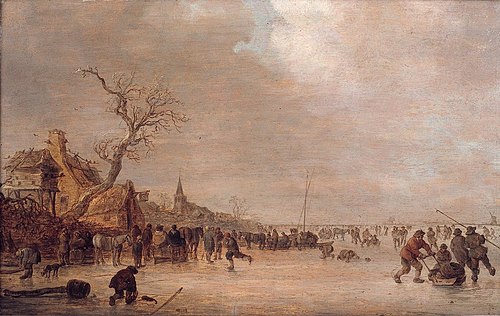 Winter landscape with skaters near an inn, 1641, Jan van Goyen