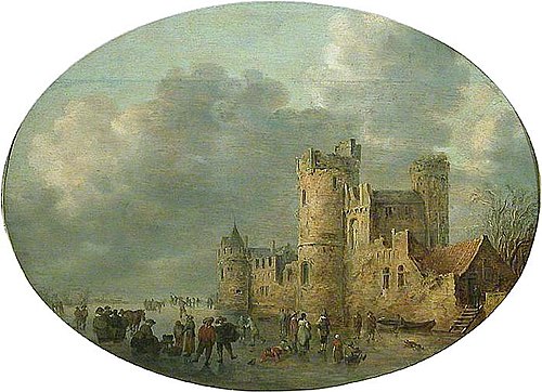 Traffic on the Ice in front of a Fortified Town wall, 1637, Jan van Goyen