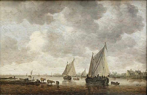 Two Sailboats on a River with Cattle on the Riverbank, 1647, Jan van Goyen