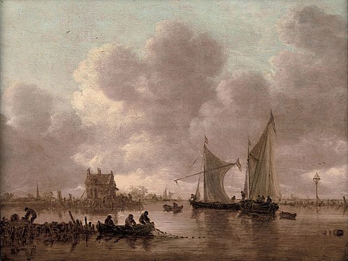 Smalschips' on the Kil near the Oude Wachthuis with fishermen raising a net off a jetty, the Grote K, 1649, Jan van Goyen