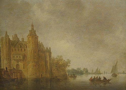 Figures in a rowing boat on a wide river before a large castle, 1642, Jan van Goyen