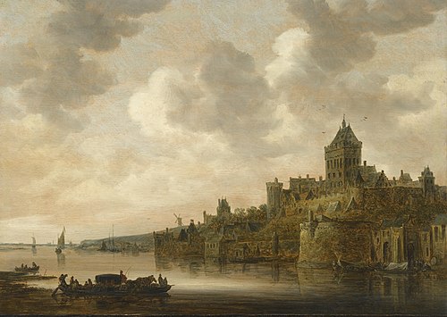 Valkhof at Nijmegen, with a Coach on a Ferry on the river Waal, 1646, Jan van Goyen