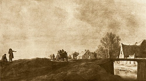 Landscape with horse-drawn cart near a bridge and houses, 1628, Jan van Goyen