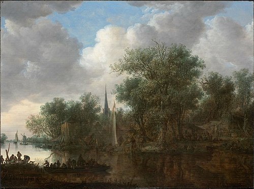 River landscape with boats and cottages on the bank, 1648, Jan van Goyen