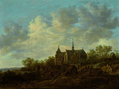 View of a village with a large Gothic church, 1640, Jan van Goyen