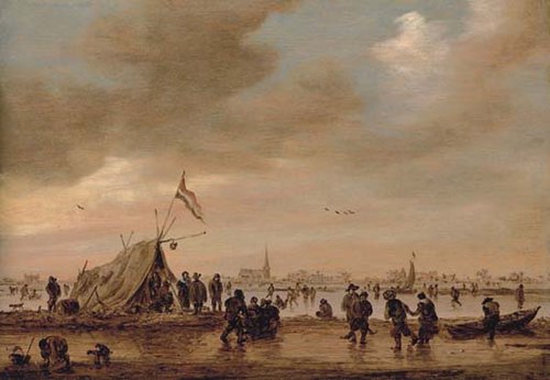 Winter landscape with villagers on a frozen waterway, 1650, Jan van Goyen