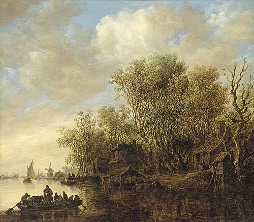 River Landscape with Fully-laden Ferry Boat, 1650, Jan van Goyen