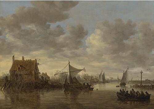 The Oude Wachthuis on the Kil near Dordrecht with small ships and a ferry, 1649, Jan van Goyen