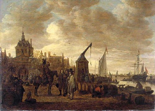 Marchands de vin et dégustateur à cheval sur un quai à Dordrecht, 1651, Jan van Goyen