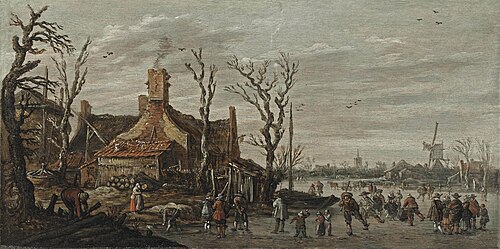 A winter landscape with skaters, elegant figures and kolf players on the ice in a village, 1625, Jan van Goyen