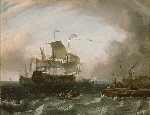 Dutch Men-of-War off a Jetty, 1698, Jan Claesz Rietschoof