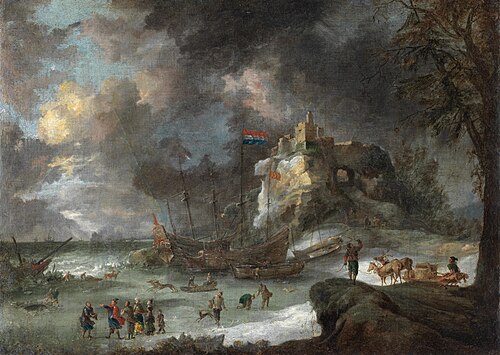 Winter coastal landscape with figures on sledges, 1668, Jan Peeters
