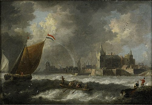 Coastal landscape with sailboats and Antwerp in the background, 1624, Jan Peeters