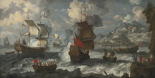 Shipping off the coast near a mediterranean town, 1624, Jan Peeters