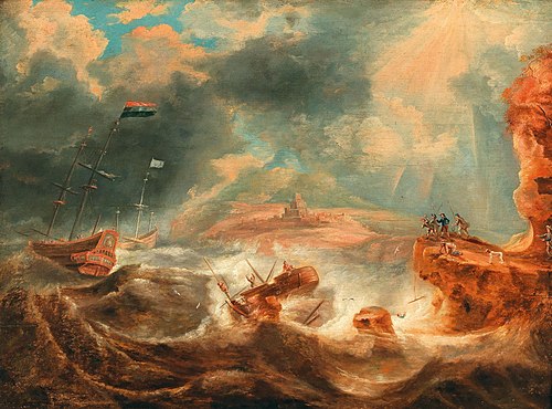A shipwreck off a rocky coast, 1678, Jan Peeters