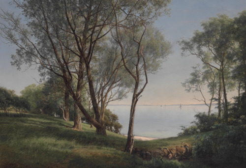 Gamle Poppel- og Piletræer. Stille Formiddag ud over Havet, 1886, Janus La Cour