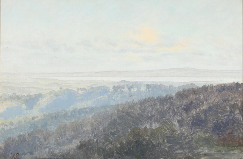 View over treetops towards a fiord., 1882, Janus La Cour