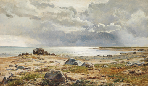 A beach at Helgenæs with grey clouds over the sea., 1876, Janus La Cour
