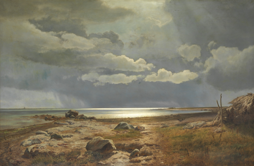 A rainy summer day on the beach at Kalø Vig. Afternoon.., 1882, Janus La Cour