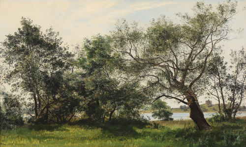 Udsigt gennem træer set mod Kalø slotsruin, 1882, Janus La Cour
