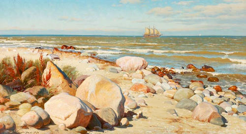 Beach view with sailing ship., 1893, Janus La Cour