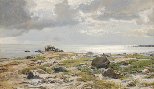 View of a beach with clouds and large stones., 1889, Janus La Cour
