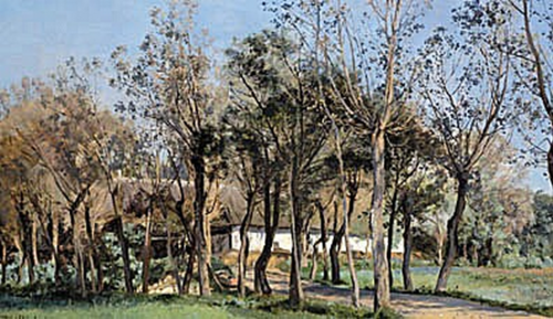 A thatched farm behind deciduous trees., 1889, Janus La Cour