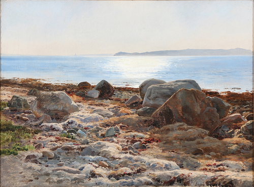 Coastal scenery with sunlight reflecting off a calm sea, , Janus La Cour