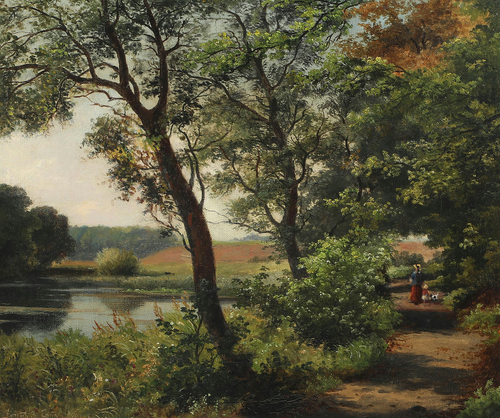 Forest scene with a mother walking with her child and dog., 1890, Janus La Cour