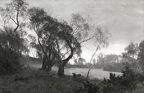 Tåget efterårsmorgen i udkanten af en birkeskov. Motiv fra egnen ved Silkeborg, 1877, Janus La Cour