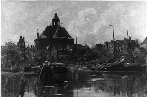 De Oosterkerk en scheepswerf 'Het Wapen van Amsterdam' gezien over de Kattenburgervaart vanuit het w, 1883, Hendrik Willebrord Jansen