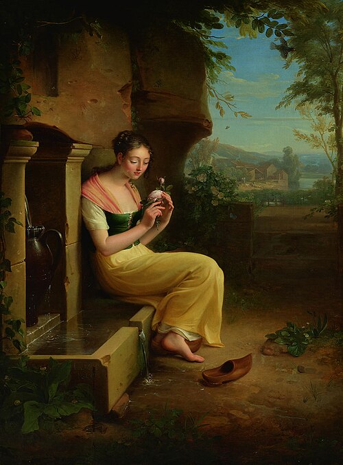 Une jeune villageoise tenant une rose encore trempée de rosée et assise sur une fontaine où elle vie, 1806, Jean-Antoine Laurent