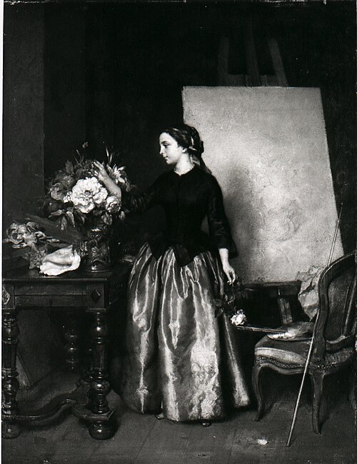 Een meisje schikt bloemen in een kan, 1844, Jean-Baptiste Antoine Emile Béranger