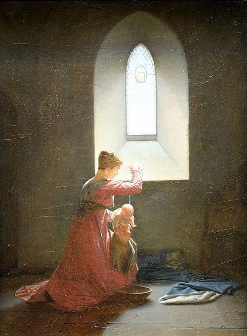 Geneviève de Brabant dans sa prison baptisant son fils, 1824, Jean-Baptiste Mallet