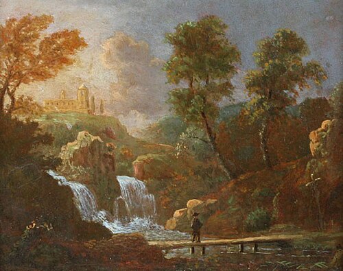 Landschap figuur op een brug bij een waterval, , Willem van Bemmel