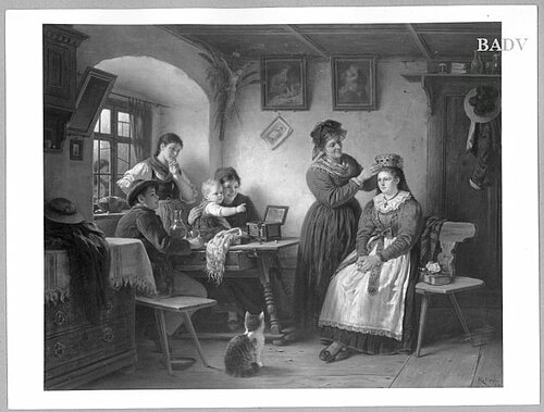 Peasant -Interior. 6 figures: the bride - crown, 1888, Rudolf Epp